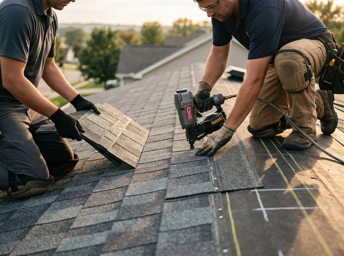 Professional roofer working on a residential roof in South Riding
